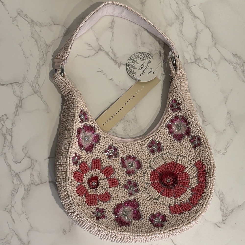 🌼 NWT Handmade In India Beaded Pink Flower Handbag Shoulder Bag Viral Tiktok